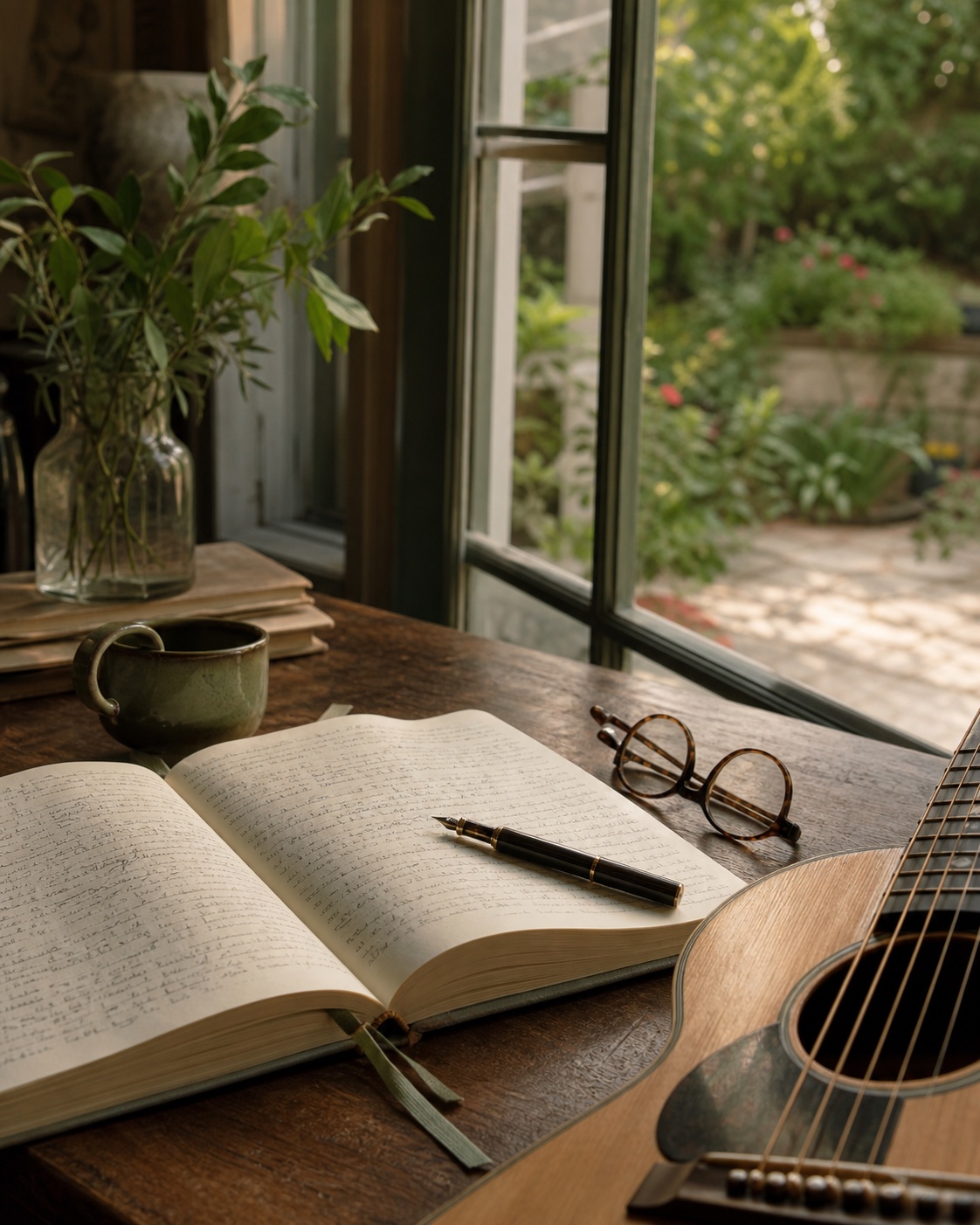 An open journal, fountain pen, reading glasses, and acoustic guitar beside a garden window