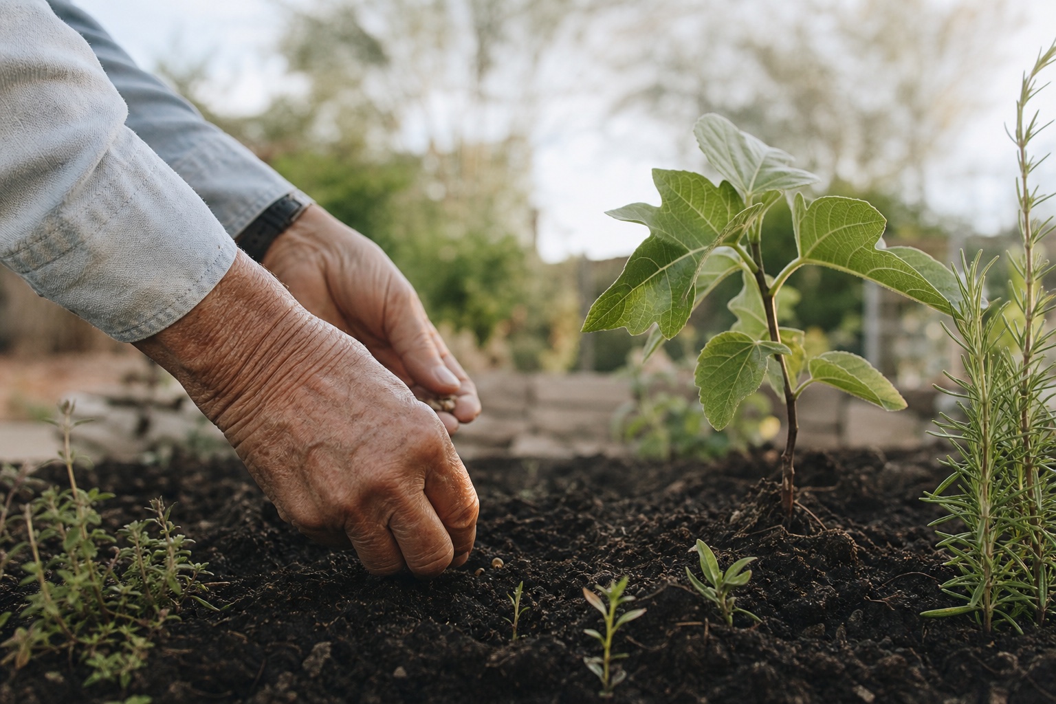 Older hands planting seeds in rich garden soil beside rosemary and a young fig plant