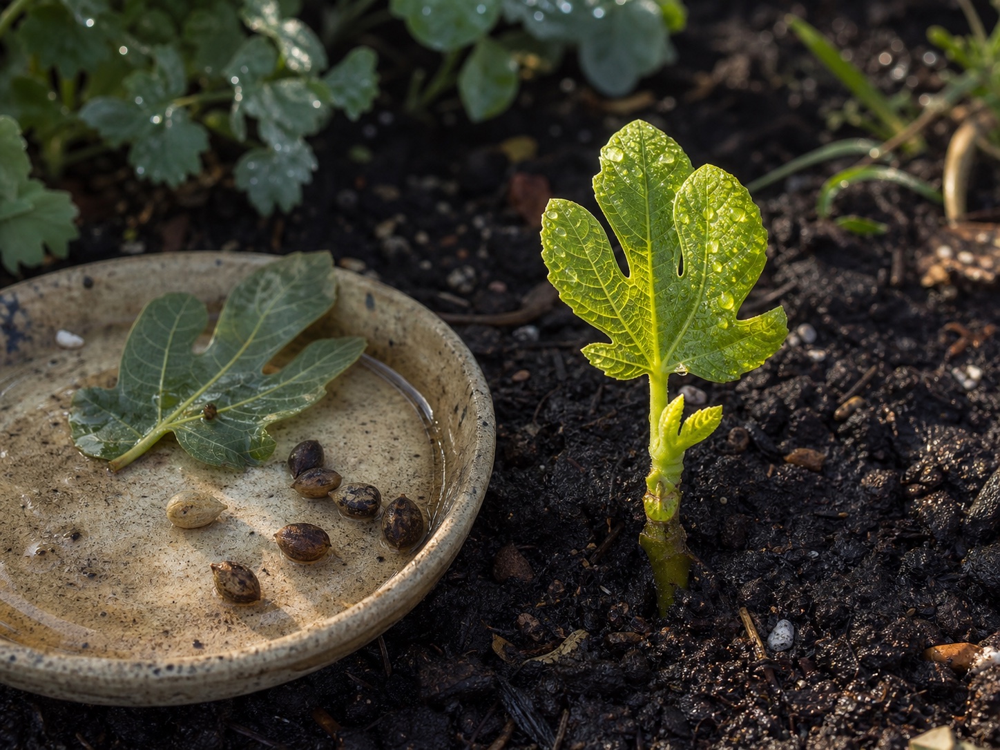 A new fig shoot beside seeds in a ceramic saucer