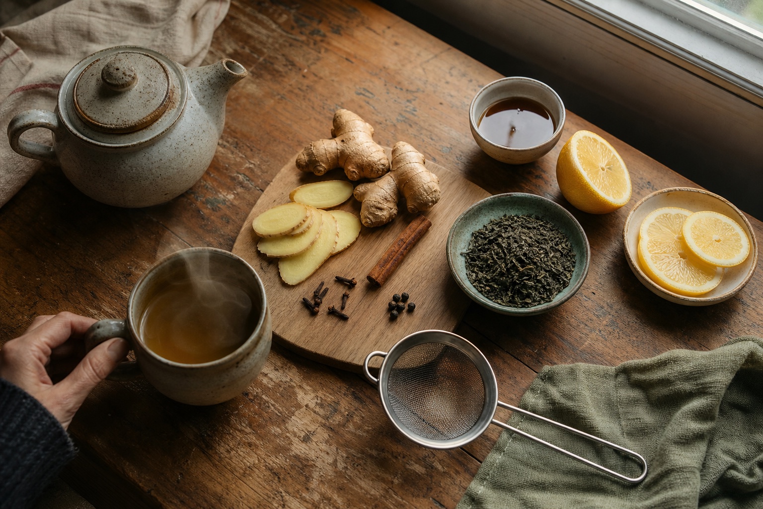 Fresh ginger, cinnamon, cloves, black pepper, green tea, lemon, and a strainer ready for brewing