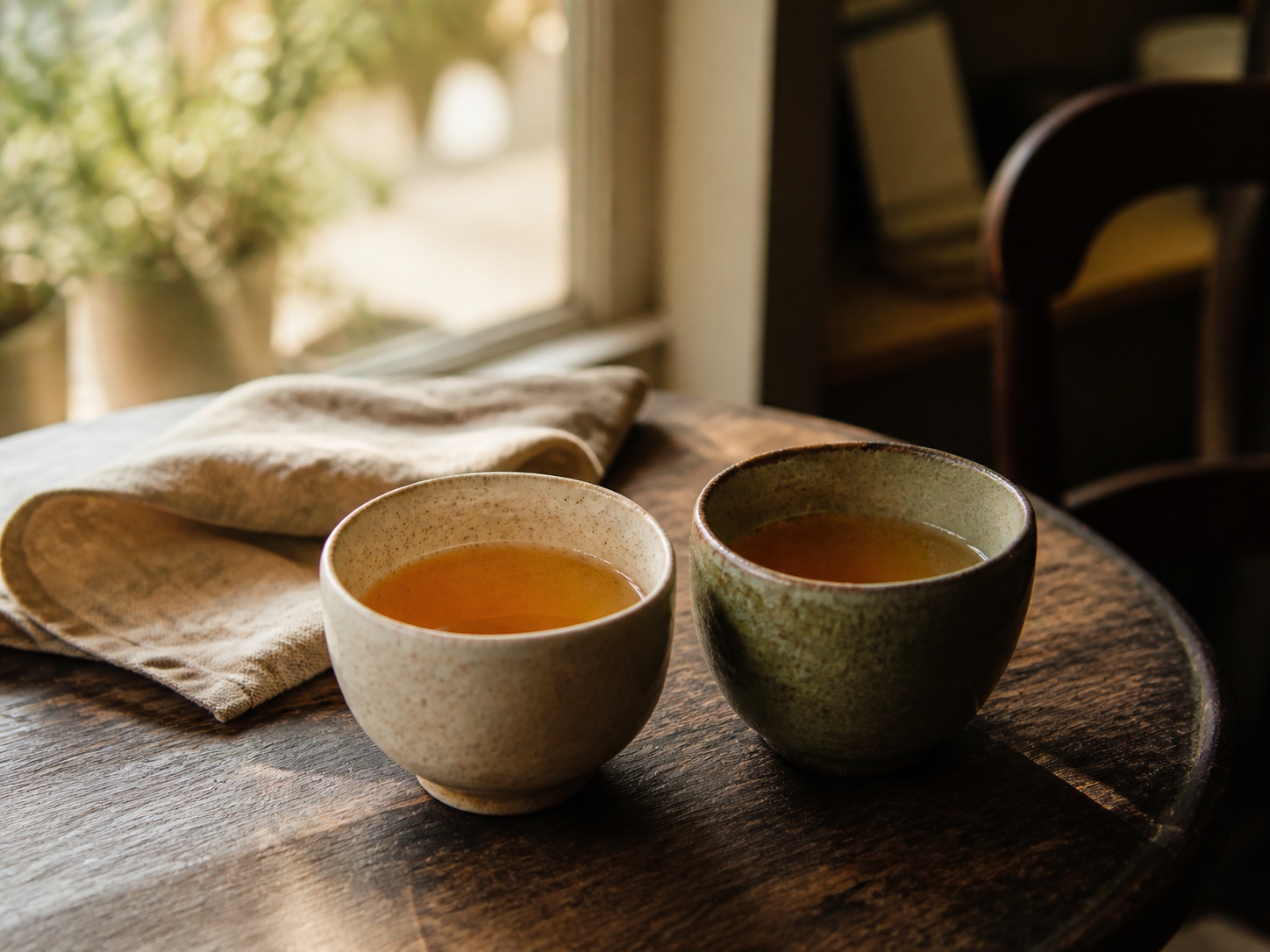 Two handmade cups of amber tea beside a window