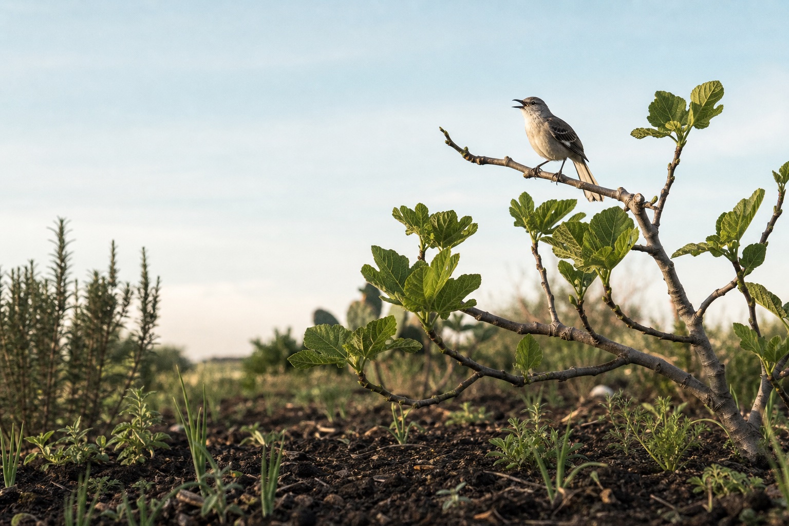 A mockingbird singing from a fig tree above a South Texas garden