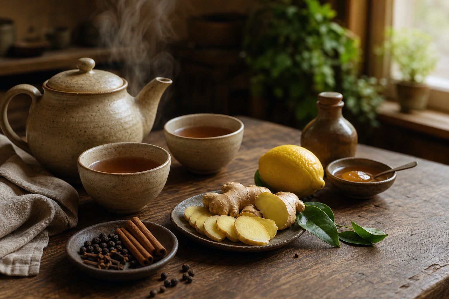 A ceramic pot of ginger lemon tea with fresh ginger, spices, lemon, and honey